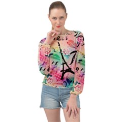 From Paris Abstract Art Pattern Banded Bottom Chiffon Top