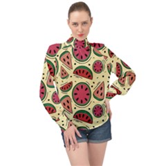 Watermelon Pattern Slices Fruit High Neck Long Sleeve Chiffon Top