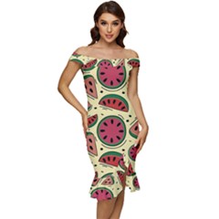 Watermelon Pattern Slices Fruit Off Shoulder Ruffle Split Hem Bodycon Dress by uniart180623