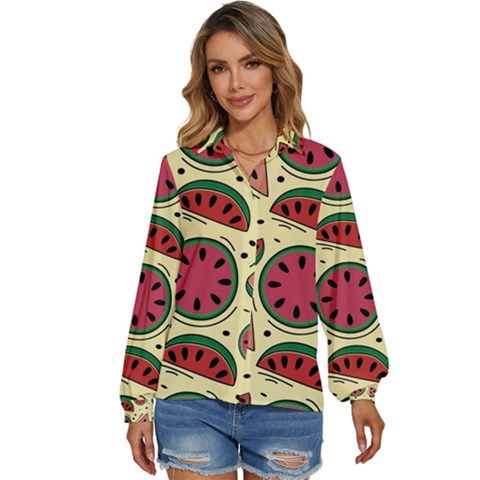 Watermelon Pattern Slices Fruit Women s Long Sleeve Button Up Shirt by uniart180623