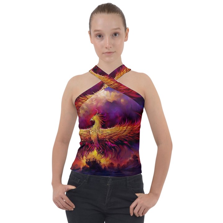 Phoenix Bird Cross Neck Velour Top