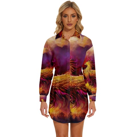 Phoenix Bird Womens Long Sleeve Shirt Dress by uniart180623