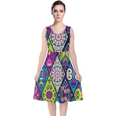 Ethnic Pattern Abstract V-neck Midi Sleeveless Dress  by uniart180623