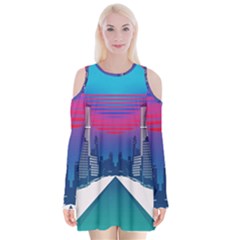 Retro Cityscape Artist Artwork Digital Art Velvet Long Sleeve Shoulder Cutout Dress by uniart180623