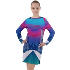 Retro Cityscape Artist Artwork Digital Art Long Sleeve Hoodie Dress