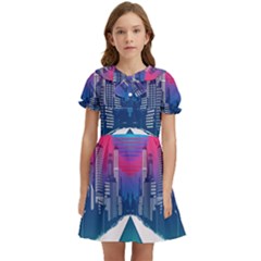 Retro Cityscape Artist Artwork Digital Art Kids  Bow Tie Puff Sleeve Dress by uniart180623