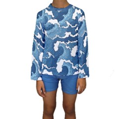 Waves Aesthetics Illustration Japanese Kids  Long Sleeve Swimwear by uniart180623