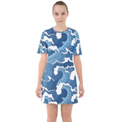 Waves Aesthetics Illustration Japanese Sixties Short Sleeve Mini Dress by uniart180623