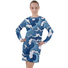 Waves Aesthetics Illustration Japanese Long Sleeve Hoodie Dress by uniart180623