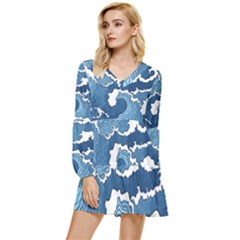 Waves Aesthetics Illustration Japanese Tiered Long Sleeve Mini Dress by uniart180623