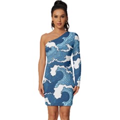 Waves Aesthetics Illustration Japanese Long Sleeve One Shoulder Mini Dress by uniart180623