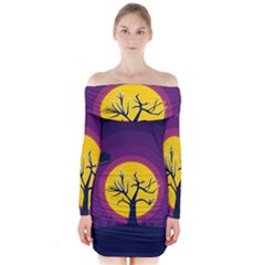 Empty Tree Leafless Stem Bare Branch Long Sleeve Off Shoulder Dress by uniart180623