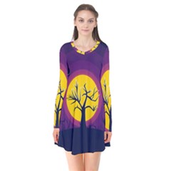 Empty Tree Leafless Stem Bare Branch Long Sleeve V-neck Flare Dress by uniart180623