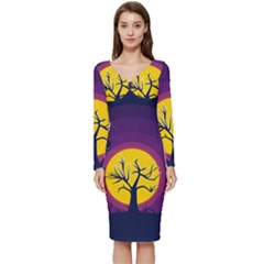 Empty Tree Leafless Stem Bare Branch Long Sleeve V-neck Bodycon Dress  by uniart180623