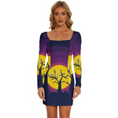 Empty Tree Leafless Stem Bare Branch Long Sleeve Square Neck Bodycon Velvet Dress by uniart180623