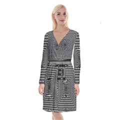 Focus Squares Optical Illusion Long Sleeve Velvet Front Wrap Dress by uniart180623