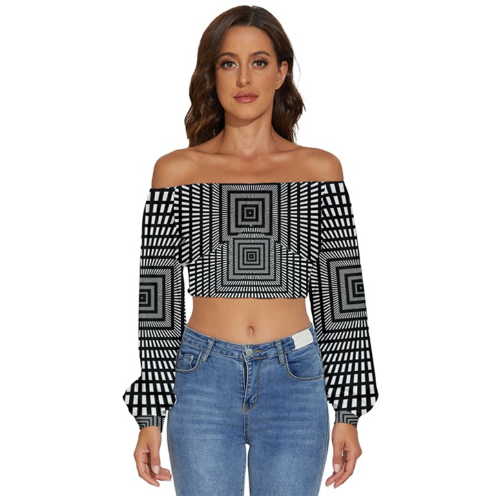 Focus Squares Optical Illusion Long Sleeve Crinkled Weave Crop Top