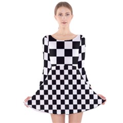 Black White Checker Pattern Checkerboard Long Sleeve Velvet Skater Dress by uniart180623