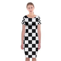 Black White Checker Pattern Checkerboard Classic Short Sleeve Midi Dress by uniart180623