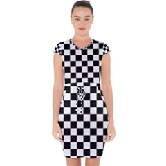 Black White Checker Pattern Checkerboard Capsleeve Drawstring Dress  by uniart180623