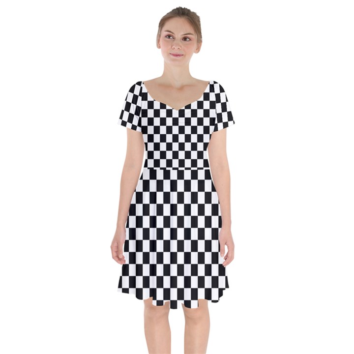 Black White Checker Pattern Checkerboard Short Sleeve Bardot Dress