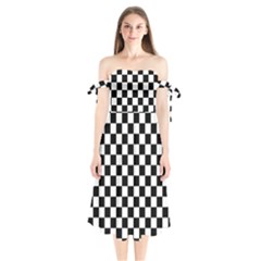 Black White Checker Pattern Checkerboard Shoulder Tie Bardot Midi Dress by uniart180623