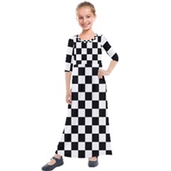 Black White Checker Pattern Checkerboard Kids  Quarter Sleeve Maxi Dress by uniart180623