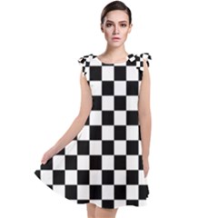 Black White Checker Pattern Checkerboard Tie Up Tunic Dress by uniart180623