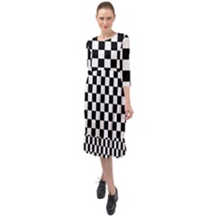 Black White Checker Pattern Checkerboard Ruffle End Midi Chiffon Dress by uniart180623