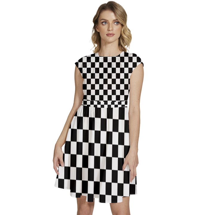 Black White Checker Pattern Checkerboard Cap Sleeve High Waist Dress