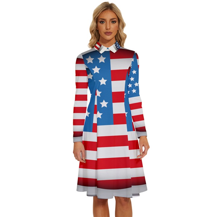 United Of America Usa Flag Long Sleeve Shirt Collar A-Line Dress