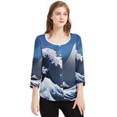 The Great Wave Off Kanagawa Chiffon Quarter Sleeve Blouse by Grandong