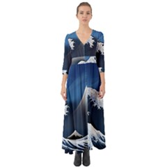 The Great Wave Off Kanagawa Button Up Boho Maxi Dress by Grandong