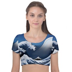 The Great Wave Off Kanagawa Velvet Short Sleeve Crop Top  by Grandong