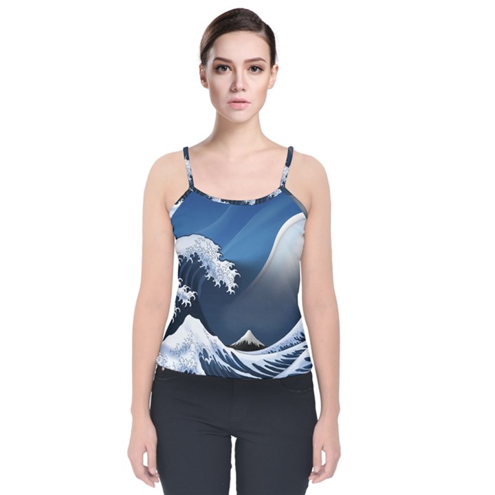 The Great Wave Off Kanagawa Velvet Spaghetti Strap Top