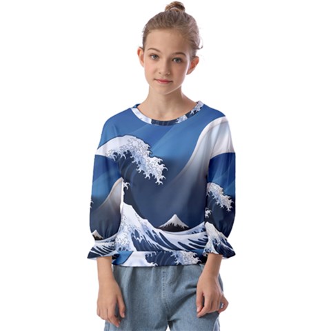 The Great Wave Off Kanagawa Kids  Cuff Sleeve Top by Grandong