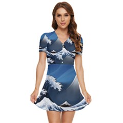 The Great Wave Off Kanagawa V-neck High Waist Chiffon Mini Dress by Grandong