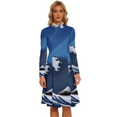 The Great Wave Off Kanagawa Long Sleeve Shirt Collar A-line Dress by Grandong