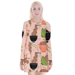 Doodle Yakisoba Seamless Pattern Background Cartoon Japanese Street Food Velvet Long Sleeve Shoulder Cutout Dress by Grandong