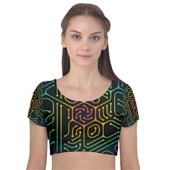 Circuit Hexagonal Geometric Pattern Background Pattern Velvet Short Sleeve Crop Top  by Ndabl3x