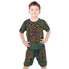 Circuit Hexagonal Geometric Pattern Background Pattern Kids  Tee And Shorts Set by Ndabl3x