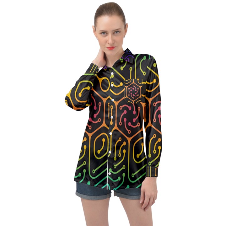 Circuit Hexagonal Geometric Pattern Background Pattern Long Sleeve Satin Shirt