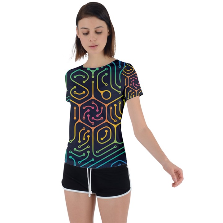 Circuit Hexagonal Geometric Pattern Background Pattern Back Circle Cutout Sports Tee