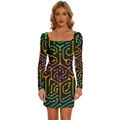 Circuit Hexagonal Geometric Pattern Background Pattern Long Sleeve Square Neck Bodycon Velvet Dress by Ndabl3x