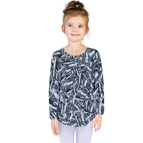 Cobalt Kaleidoscope Print Pattern Design Kids  Long Sleeve Tee by dflcprintsclothing