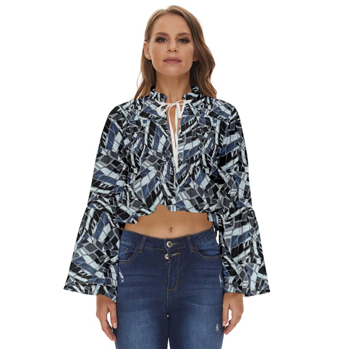 Cobalt Kaleidoscope Print Pattern Design Boho Long Bell Sleeve Top