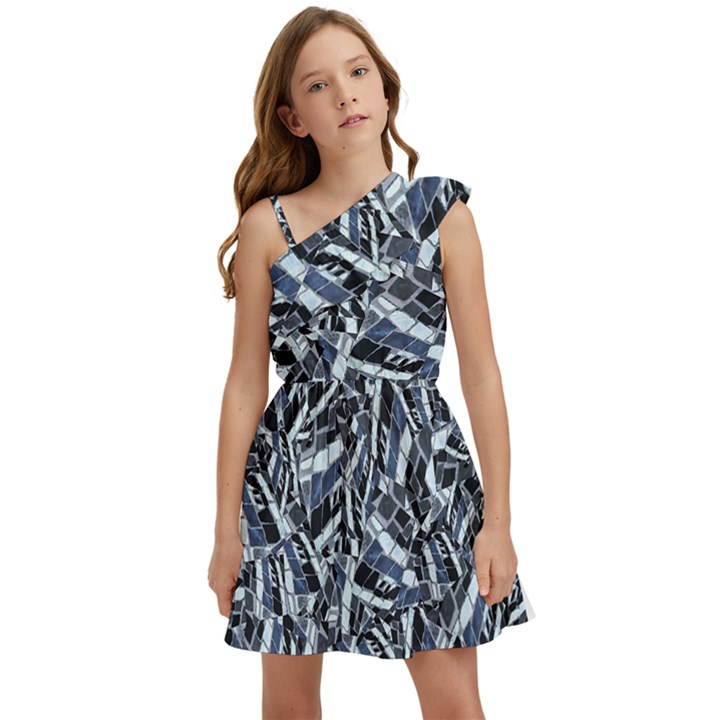 Cobalt Kaleidoscope Print Pattern Design Kids  One Shoulder Party Dress