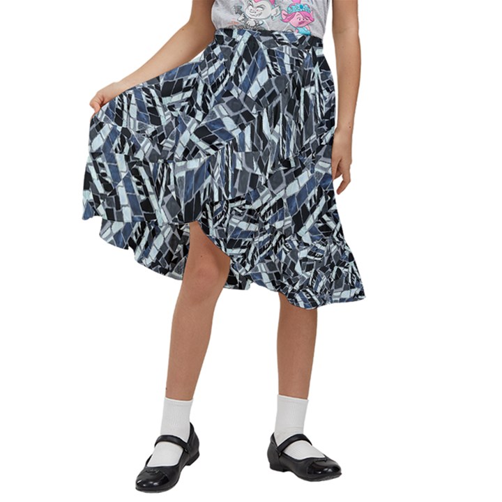 Cobalt Kaleidoscope Print Pattern Design Kids  Ruffle Flared Wrap Midi Skirt