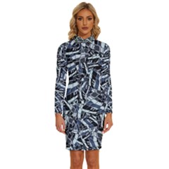 Cobalt Kaleidoscope Print Pattern Design Long Sleeve Shirt Collar Bodycon Dress by dflcprintsclothing