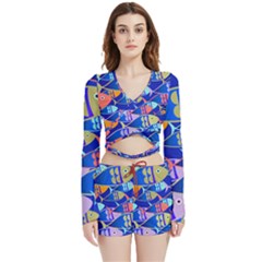 Sea Fish Illustrations Velvet Wrap Crop Top And Shorts Set